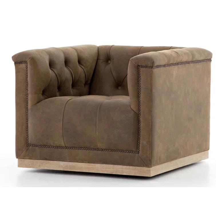 Handcrafted Dark Brown Leather Swivel Accent Chair with Wood Base