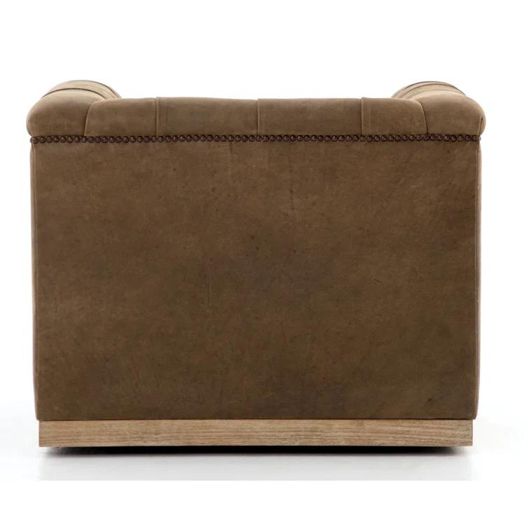 Handcrafted Dark Brown Leather Swivel Accent Chair with Wood Base