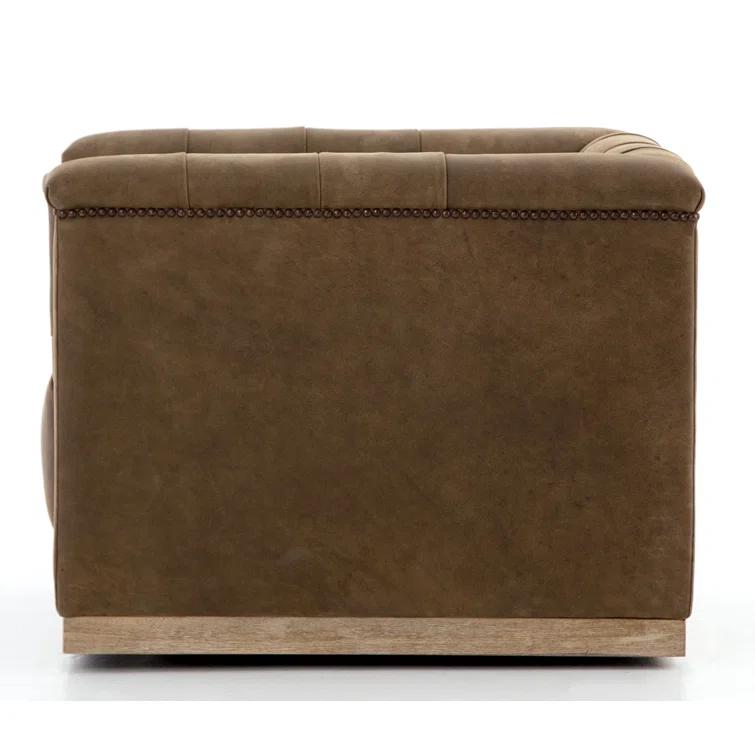 Handcrafted Dark Brown Leather Swivel Accent Chair with Wood Base