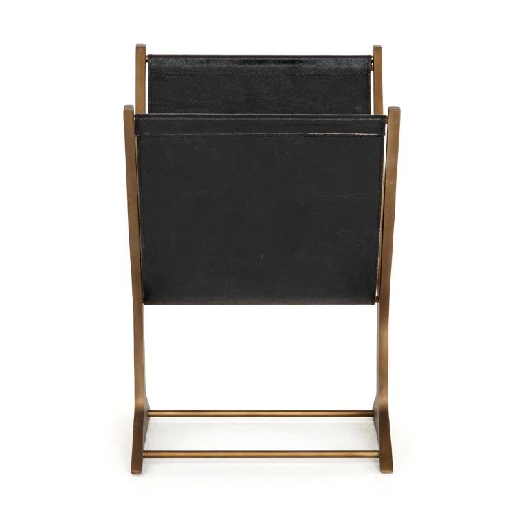 Rustic Brass and Black Faux Leather Magazine Rack