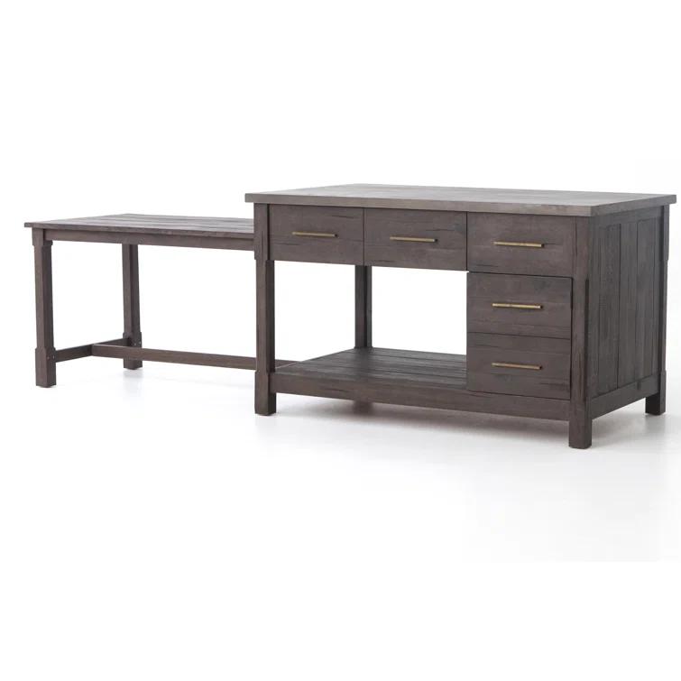 Acacia Wood Brown Rectangular Kitchen Island with Concrete Top