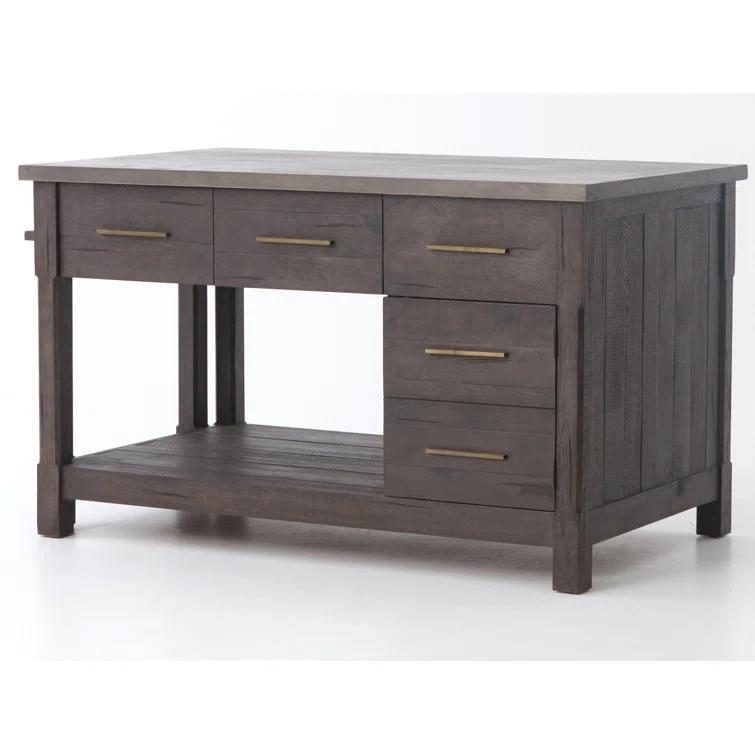 Acacia Wood Brown Rectangular Kitchen Island with Concrete Top