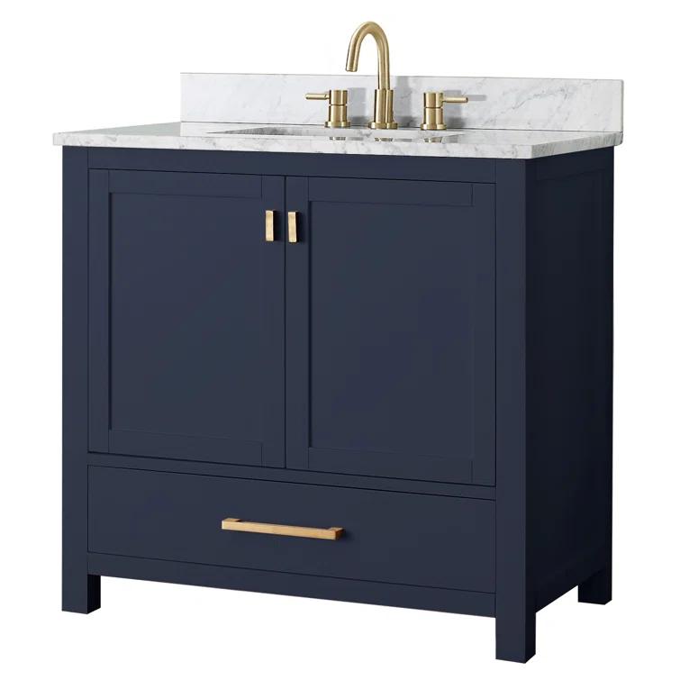 Navy Blue Solid Wood Single Sink Vanity with Stone Top