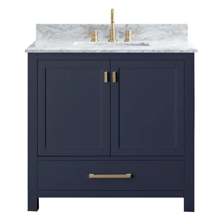 Navy Blue Solid Wood Single Sink Vanity with Stone Top