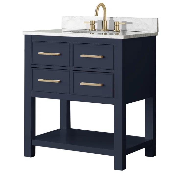 Navy Blue Solid Wood 30" Vanity with Stone Top
