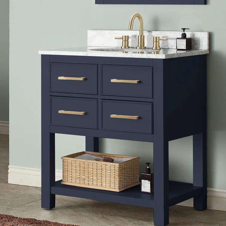 Navy Blue Solid Wood 30" Vanity with Stone Top