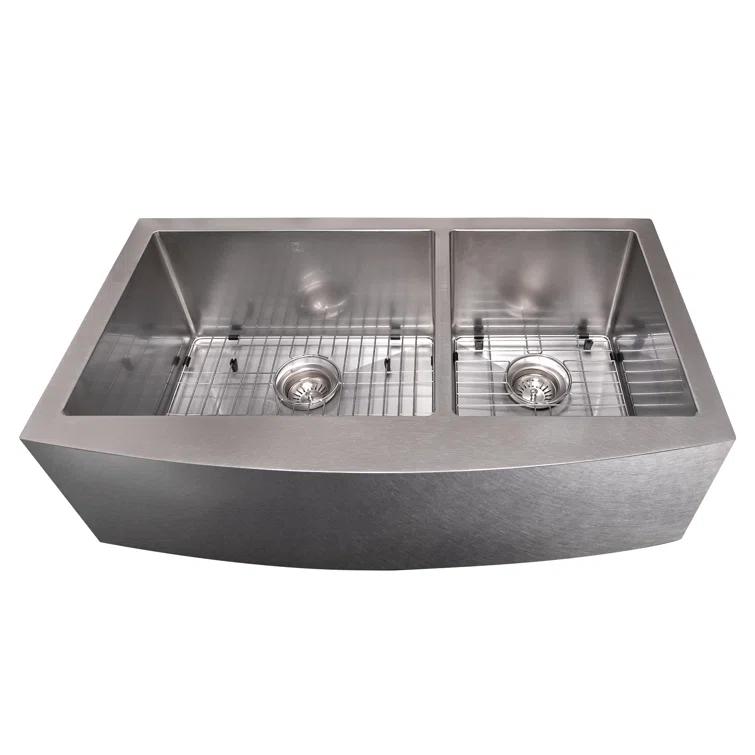 ZLINE 36 in. Courchevel Farmhouse Apron Mount Double Bowl DuraSnow Stainless Steel Kitchen Sink W/ Bottom Grid (SA60D-36S)