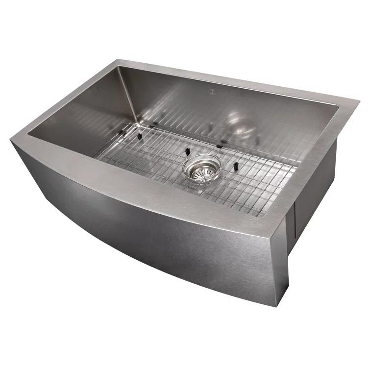 ZLINE 33 in. Vail Farmhouse Apron Mount Single Bowl DuraSnow Stainless Steel Kitchen Sink W/ Bottom Grid (SAS-33S)