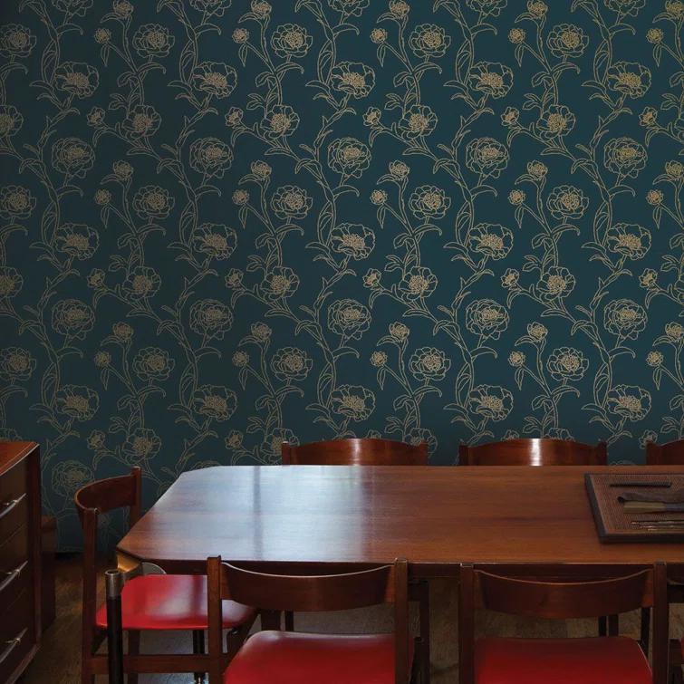 Tempaper & Co.® Peonies Removable Peel and Stick Wallpaper, Peacock Blue and Metallic Gold Floral, 28 sq. ft.: Vinyl Self-Adhesive
