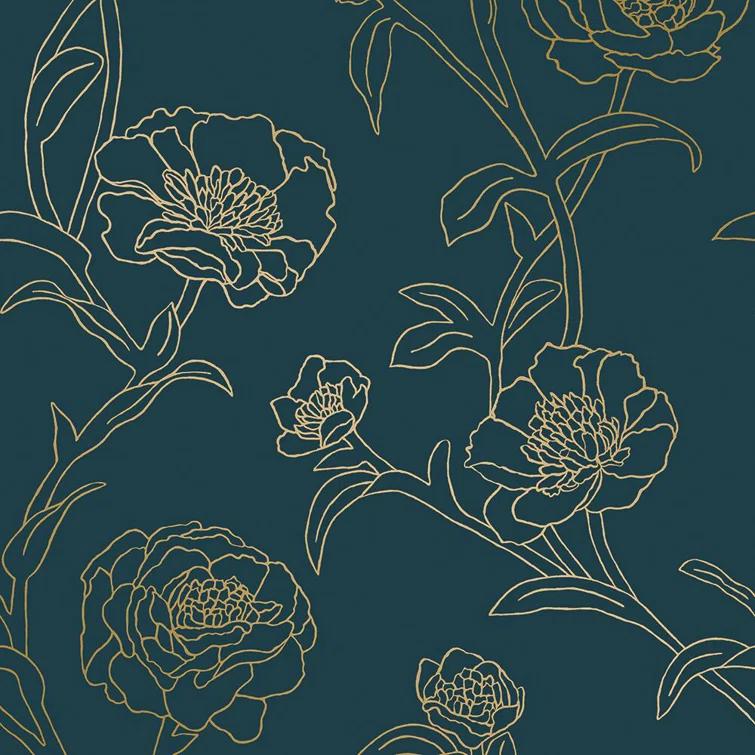 Tempaper & Co.® Peonies Removable Peel and Stick Wallpaper, Peacock Blue and Metallic Gold Floral, 28 sq. ft.: Vinyl Self-Adhesive