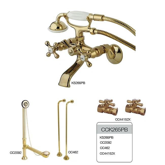 Kingston Brass Vintage Two-Handle 2-Hole Tub Wall Mount Clawfoot Tub Faucet Package with Supply Line, Hand Shower and Tub Drain