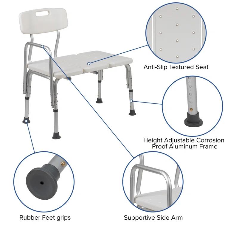 Flash Furniture DC-HY3510L-WH-GG Phoebe Aluminum Height Adjustable Medical Shower Transfer Bench