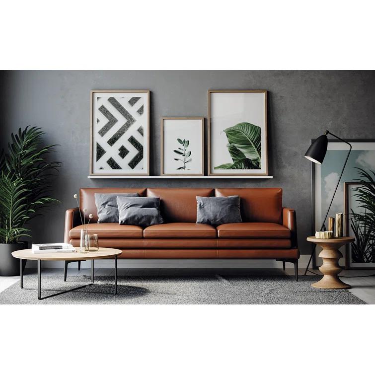 Rica Tan and Black Mid-Century Leather Sofa with Metal Legs