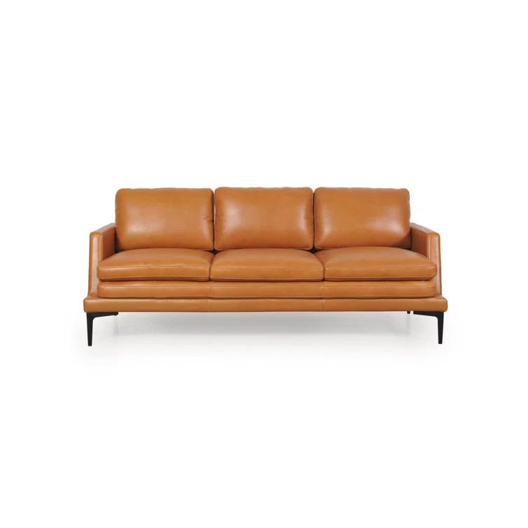Rica Tan and Black Mid-Century Leather Sofa with Metal Legs