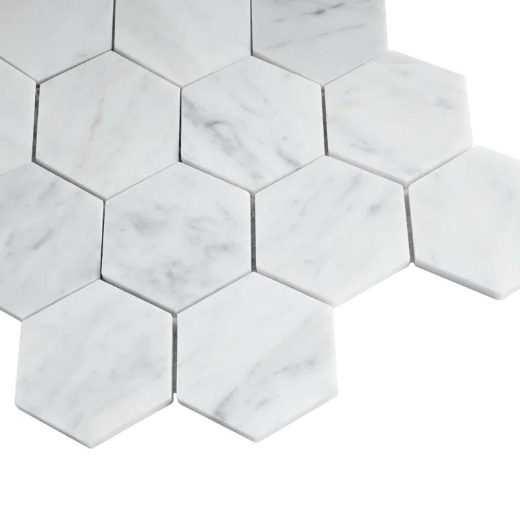 White Carrara 3" x 3" Natural Stone Honeycomb Marble Look Mosaic Wall Tile