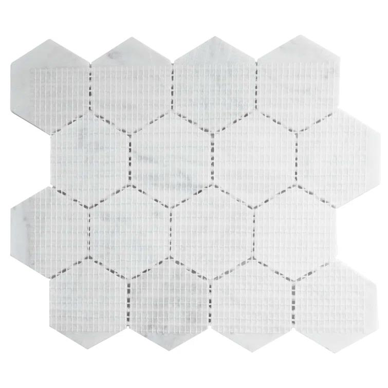 White Carrara 3" x 3" Natural Stone Honeycomb Marble Look Mosaic Wall Tile