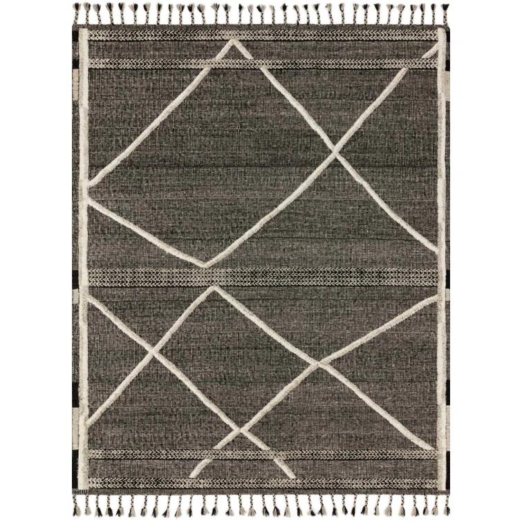 Gray Geometric Hand-Knotted Wool 2' x 3' Rug with Fringe