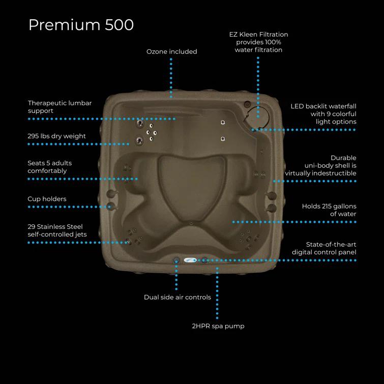 AquaRest Discover AR500 Premium 5-Person 29-Jet Plug & Play Hot Tub with Ozonator, LED Waterfall and Stainless Steel Heater