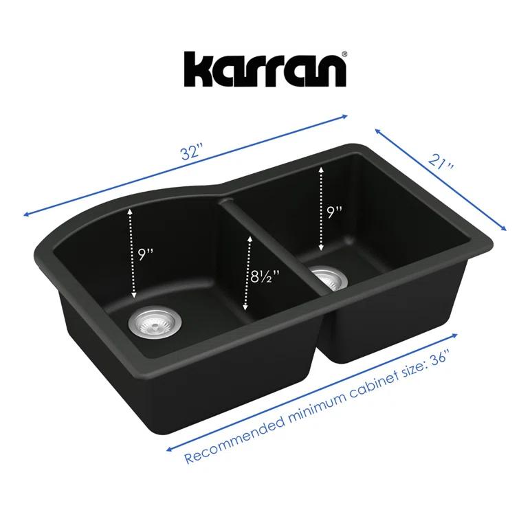 Karran Undermount Quartz Composite 32'' X 21'' 60/40 Double Bowl Kitchen Sink
