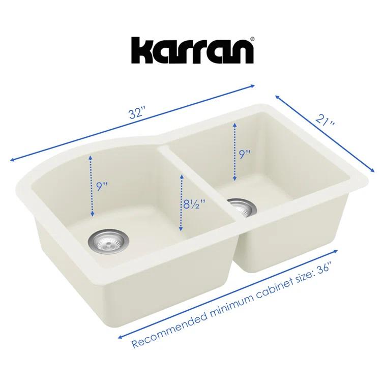 Karran Undermount Quartz Composite 32'' X 21'' 60/40 Double Bowl Kitchen Sink