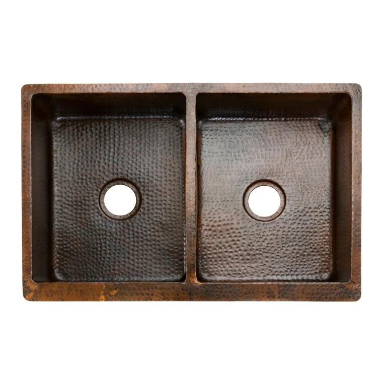 33" Hammered Copper Kitchen Apron 50/50 Double Basin Sink w/ Barrel Strap Design with Matching Drains, and Accessories