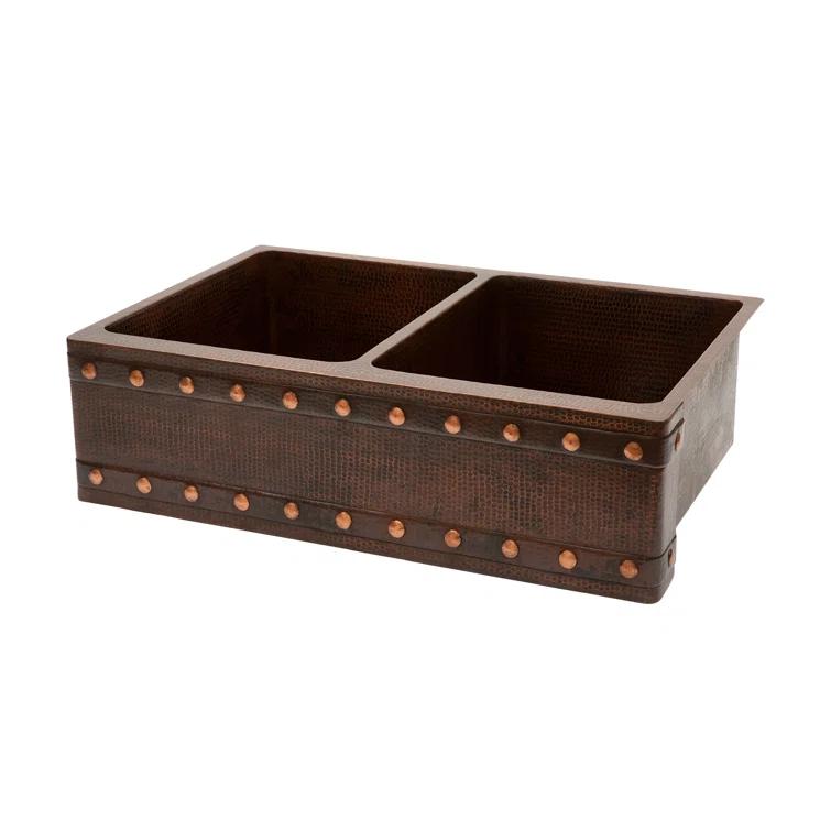 33" Hammered Copper Kitchen Apron 50/50 Double Basin Sink w/ Barrel Strap Design with Matching Drains, and Accessories