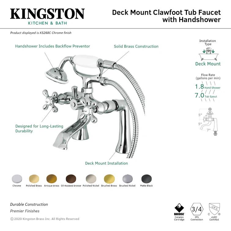Kingston Brass Kingston Three-Handle 2-Hole Deck Mount Clawfoot Tub Faucet with Hand Shower
