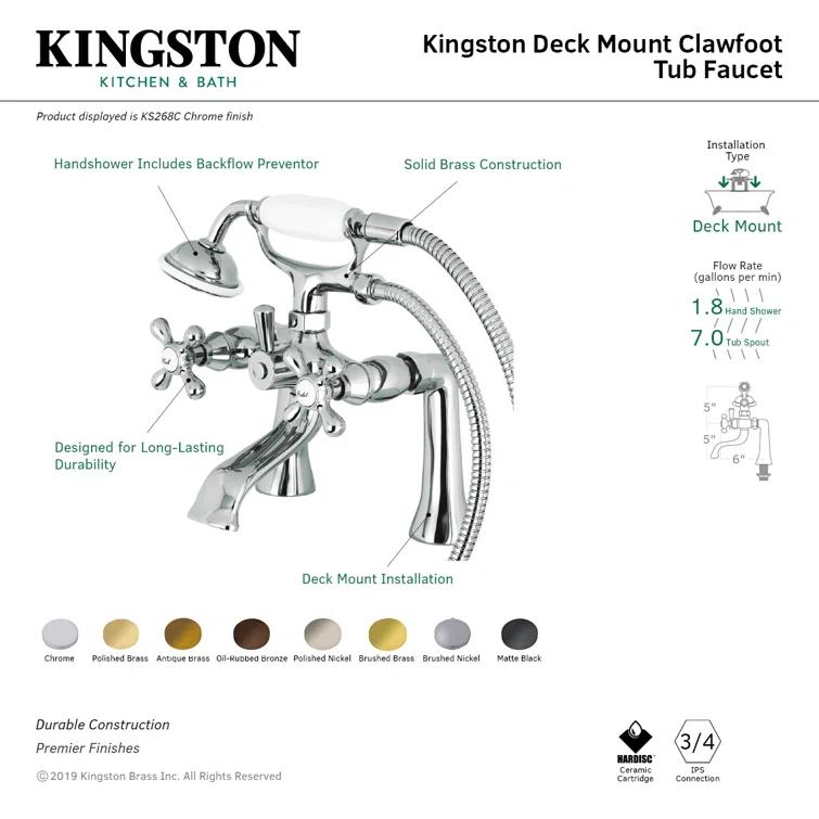 Kingston Brass KS268C Kingston Brass Kingston Three-Handle 2-Hole Deck Mount Clawfoot Tub Faucet with Hand Shower