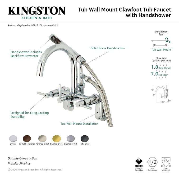 Kingston Brass Concord Three-Handle 2-Hole Tub Wall Mount Clawfoot Tub Faucet with Hand Shower