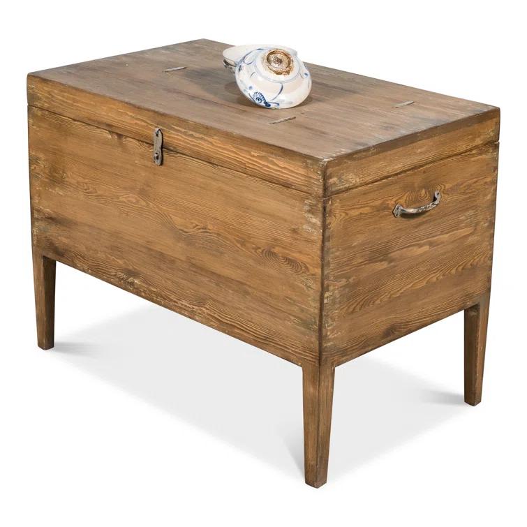 Brown Pine Rectangular Trunk End Table with Storage