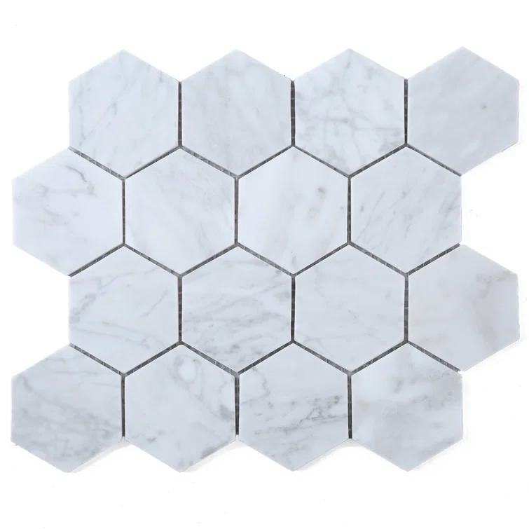 White Carrara 3" x 3" Natural Stone Honeycomb Marble Look Mosaic Wall Tile
