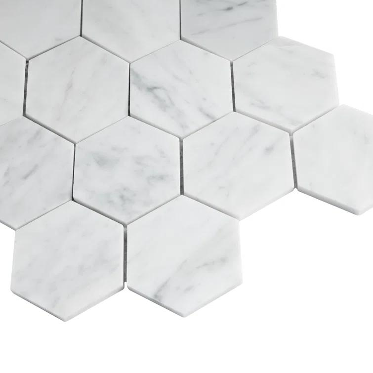 White Carrara 3" x 3" Natural Stone Honeycomb Marble Look Mosaic Wall Tile