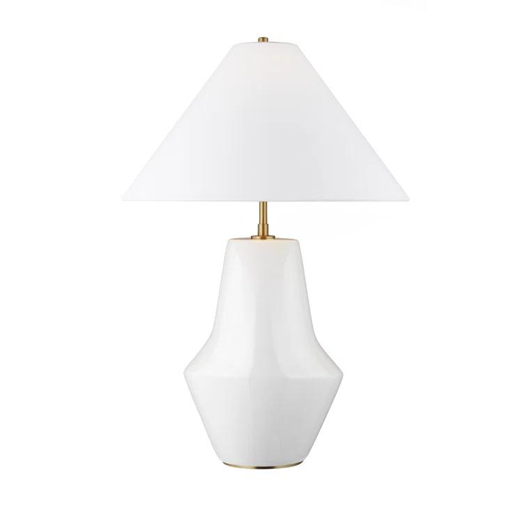 Arctic White Ceramic Arc Table Lamp with Linen Shade