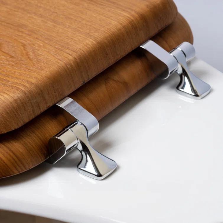 Mayfair Natural Reflections Elongated Wood Veneer Natural Oak Chrome Hinge Toilet Seat