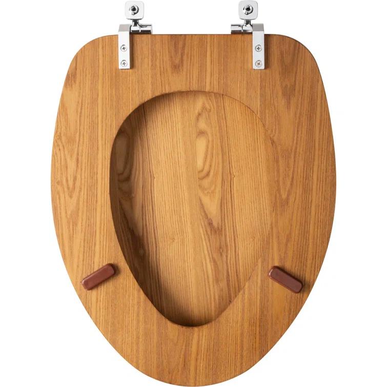 Mayfair Natural Reflections Elongated Wood Veneer Natural Oak Chrome Hinge Toilet Seat