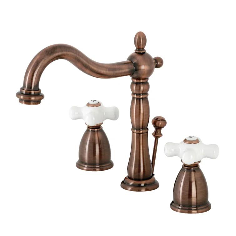 Kingston Brass Heritage Two-Handle 3-Hole Deck Mount Widespread Bathroom Faucet with Brass Pop-Up Drain