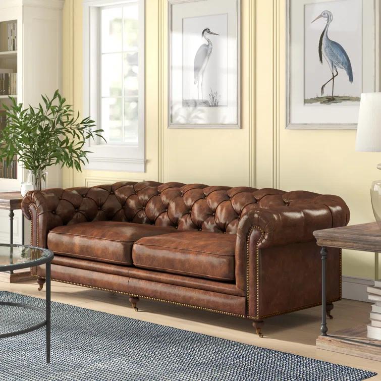 Idalia 87" Genuine Leather Rolled Arm Chesterfield Sofa with Reversible Cushions
