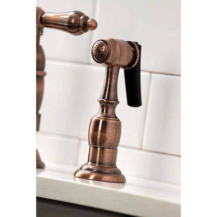 Kingston Brass KS127ALBSAC Kingston Brass Heritage Two-Handle 4-Hole Deck Mount Bridge Kitchen Faucet with Brass Side Sprayer