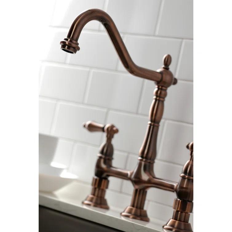 Kingston Brass KS127ALBSAC Kingston Brass Heritage Two-Handle 4-Hole Deck Mount Bridge Kitchen Faucet with Brass Side Sprayer