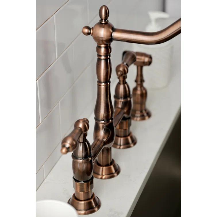 Kingston Brass KS127ALBSAC Kingston Brass Heritage Two-Handle 4-Hole Deck Mount Bridge Kitchen Faucet with Brass Side Sprayer