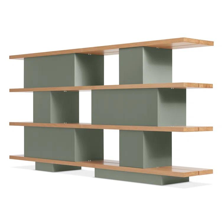 Asymmetrical White Oak and Grey Green Geometric Bookcase