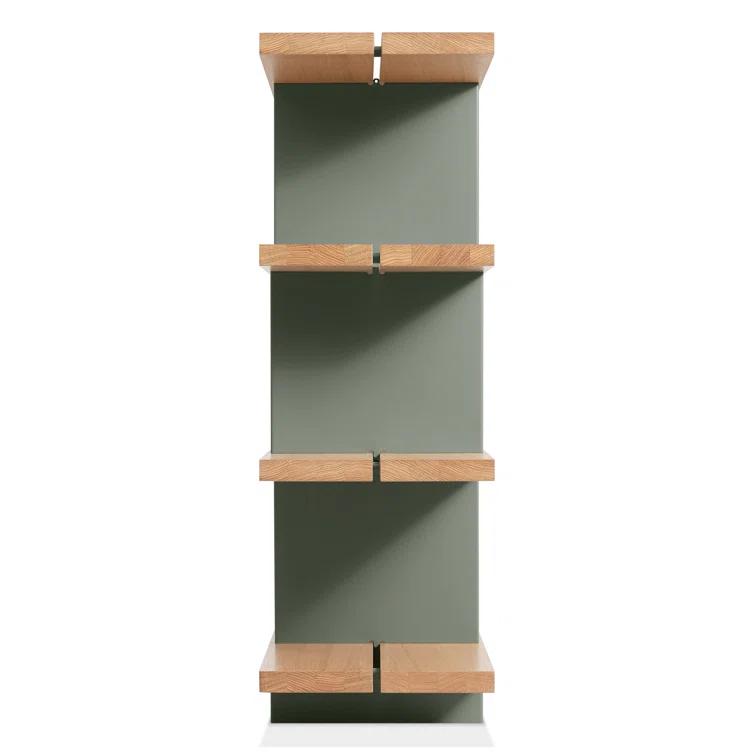 Asymmetrical White Oak and Grey Green Geometric Bookcase