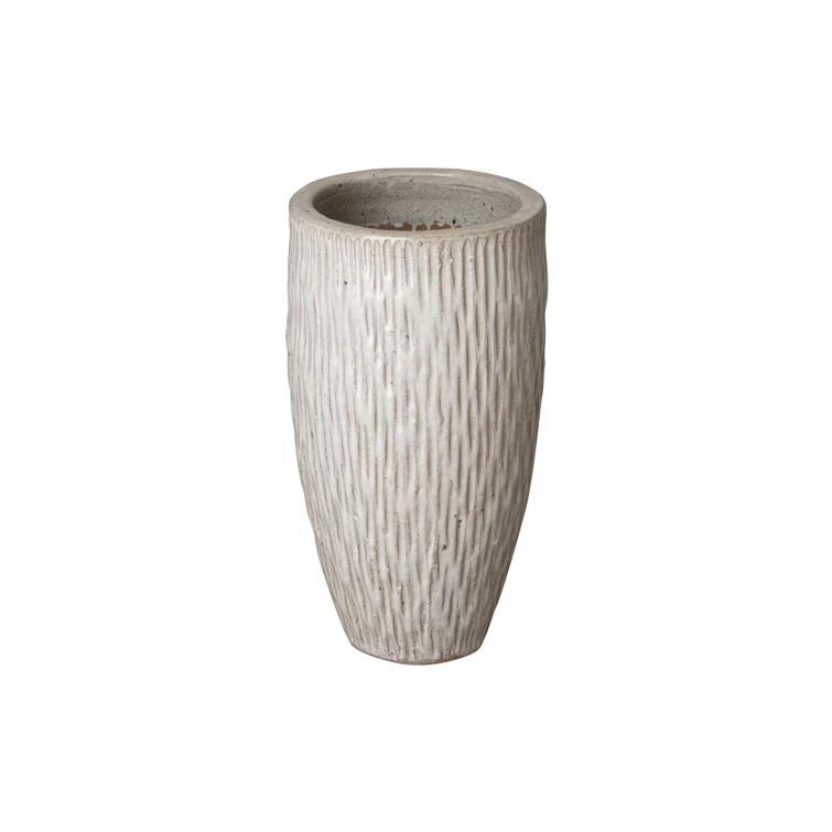 Tall 13 in. L x 23 in. H Distressed White Ceramic Round Planter with Drainage Hole