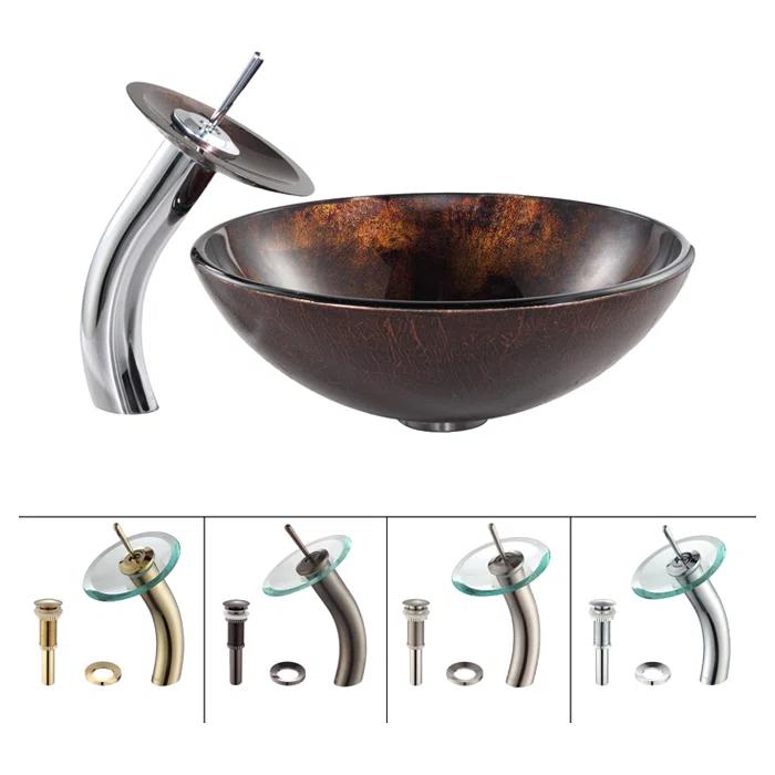 Glass Circular Vessel Bathroom Sink with Faucet