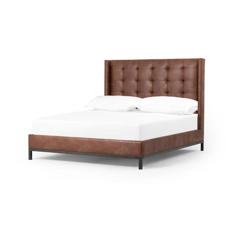 Elegance King-Size Gunmetal Iron Frame Bed with Vintage Tobacco Faux Leather