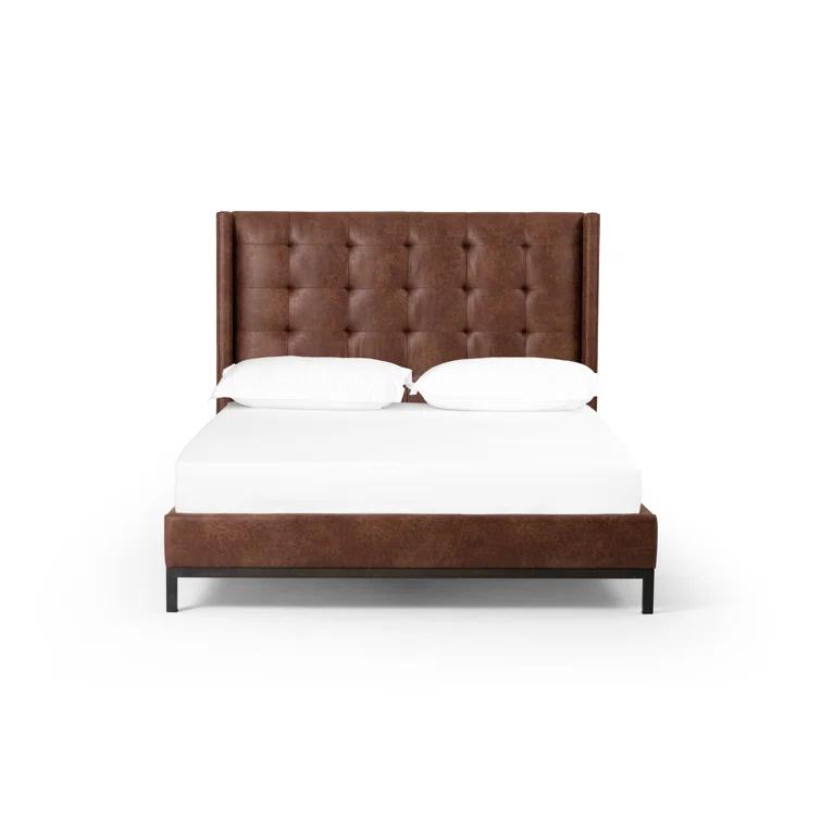 Elegance King-Size Gunmetal Iron Frame Bed with Vintage Tobacco Faux Leather