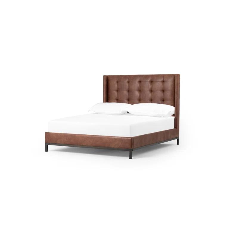 Elegance King-Size Gunmetal Iron Frame Bed with Vintage Tobacco Faux Leather