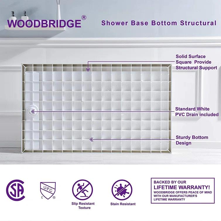 60" x 36" Solid Surface Single Threshold Shower Pan Base with Drain Assembly & Drain Cover Included, Non-Slip