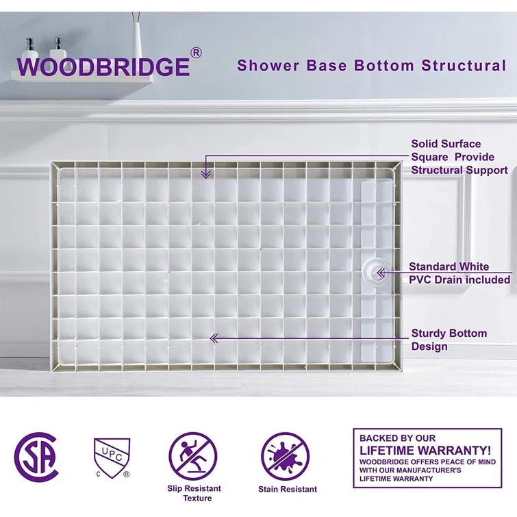 60" x 36" Solid Surface Single Threshold Shower Pan Base with Drain Assembly & Drain Cover Included, Non-Slip