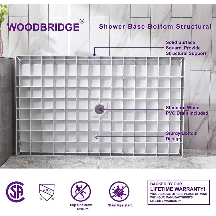 36" Solid Surface Square Single Threshold Shower Pan Base with Drain Assembly & Drain Cover Included, Non-Slip